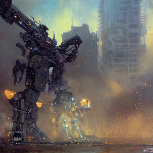 Prompt: six meters tall mech fighting in an urban environment, epic action scene, ultra realistic illustration by gaston bussiere craig mullins jc leyendecker gustav klimt artgerm greg rutkowski john berkey, bergey, craig mullins, ruan jia, raymond swanland, jeremy mann, tom lovell, alex malveda, ray casting, hdr