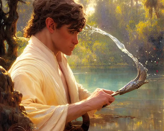 Image similar to attractive male wizard casting water spell in a beautiful lake. highly detailed painting by gaston bussiere, craig mullins, j. c. leyendecker 8 k