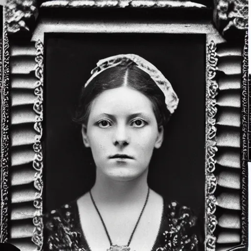 Prompt: disturbing frontal portrait of a woman with 2 pairs of eyes, intricate, elegant, highly detailed, ornate, elegant , luxury, monochrome photograph taken in 1910, grainy, film grain