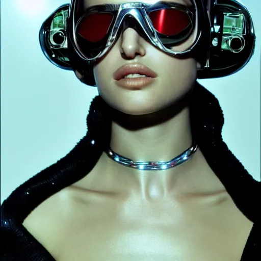 Prompt: photo of young Natalie Portman, close up, wearing futuristic glass and metallic chrome goggles, robotic implants over neck with small led lights, white background, fine art photography in the style of Bill Henson