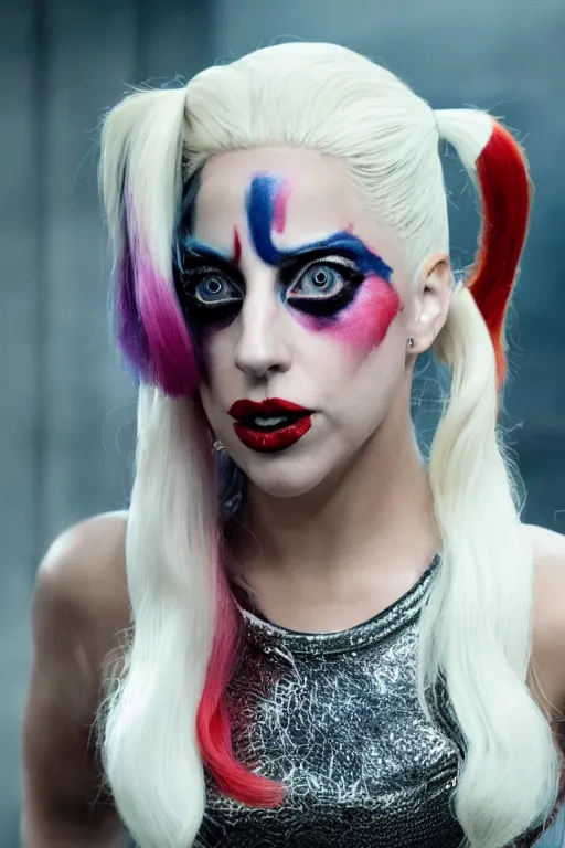 Image similar to film still of Lady Gaga as Harley Quinn in American Horror Story, 4k