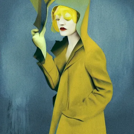 Image similar to Dakota Fanning with short blue hair wearing a yellow raincoat by Dave McKean