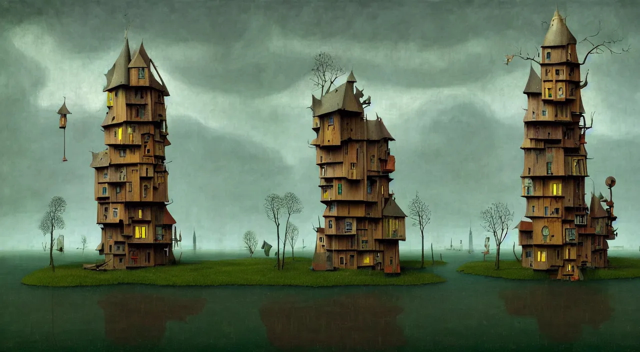 Prompt: single flooded simple wooden tower, very coherent and colorful high contrast ultradetailed photorealistic masterpiece by hieronymus bosch gediminas pranckevicius dean ellis franz sedlacek simon stalenhag rene magritte, dark shadows, sunny day, hard lighting