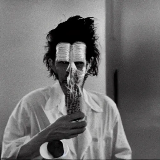 Prompt: photo of a man with bananas sticking out of his face, the ends of the bananas are exploding with firecrackers. Screenshot from Eraserhead. Cinematic 35mm motion blur film grain.