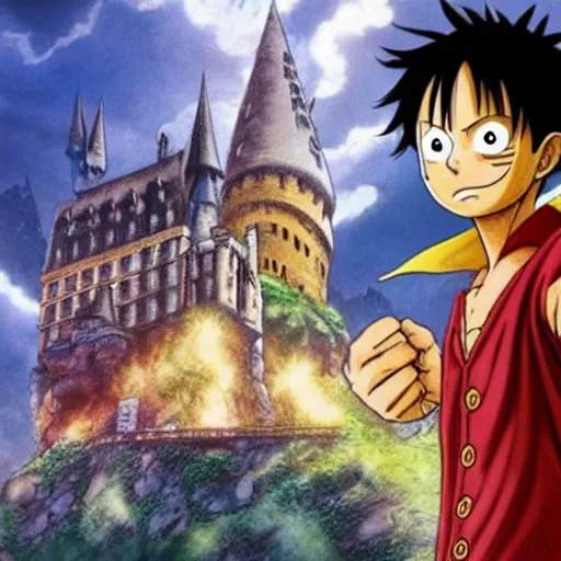 Image similar to luffy in the harry potter universe far away at some ruins from a castle. a wizard is already there and summons a portal that would take me back home.