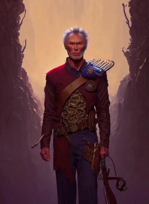 Image similar to clint eastwood as oscar diggs, intricate, d & d, wizard, fantasy, art nouveau, digital painting, trending on artstation, sharp focus, wide shot, illustration, global illumination, ray tracing, art by artgerm and greg rutkowski and ruan jia