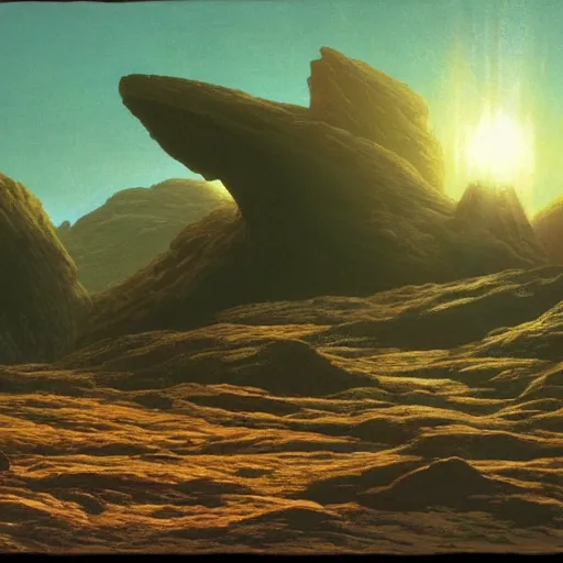 Image similar to large spaceship orbiting over a alien planet, volumetric light from nearby star, style by caspar david friedrich and wayne barlowe and ted nasmith.