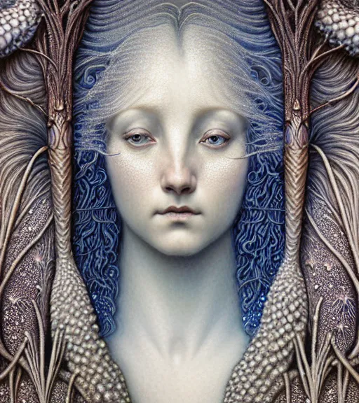 Prompt: detailed realistic beautiful snow goddess face portrait by jean delville, gustave dore, iris van herpen and marco mazzoni, art forms of nature by ernst haeckel, art nouveau, symbolist, visionary, gothic, neo - gothic, pre - raphaelite, fractal lace, intricate alien botanicals, ai biodiversity, surreality, hyperdetailed ultrasharp octane render