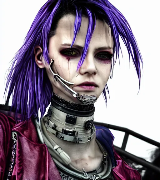 Image similar to detailed realistic cyberpunk female character cyberpunk wearing steel collar around neck, realistic, art, beautiful, 4K, collar, choker, collar around neck, punk, artstation, detailed, female, woman, choker, cyberpunk, neon, punk, collar, choker, collar around neck, thick collar, choker around neck, wearing choker, wearing collar, bright neon punk hair,