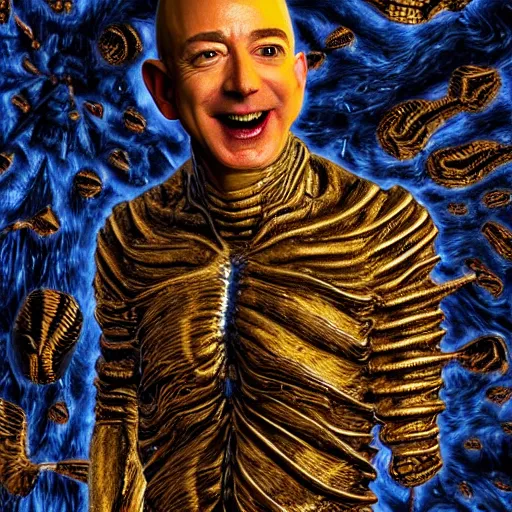 Prompt: jeff bezos sitting pile of gold scariest horror nightmare by junji ito, digital art, deepdream cosmic, 3 d high definition, trending on artstation, photorealistic, high resolution, 8 k, octane, hyper detailed, trending on deviantart insane details, intricate, elite, ornate, elegant trend, highly detailed and intricate, sharp focus, photography, unreal engine