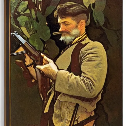 Prompt: portrait of John Brown holding a rifle, lithograph by Alphonse Mucha