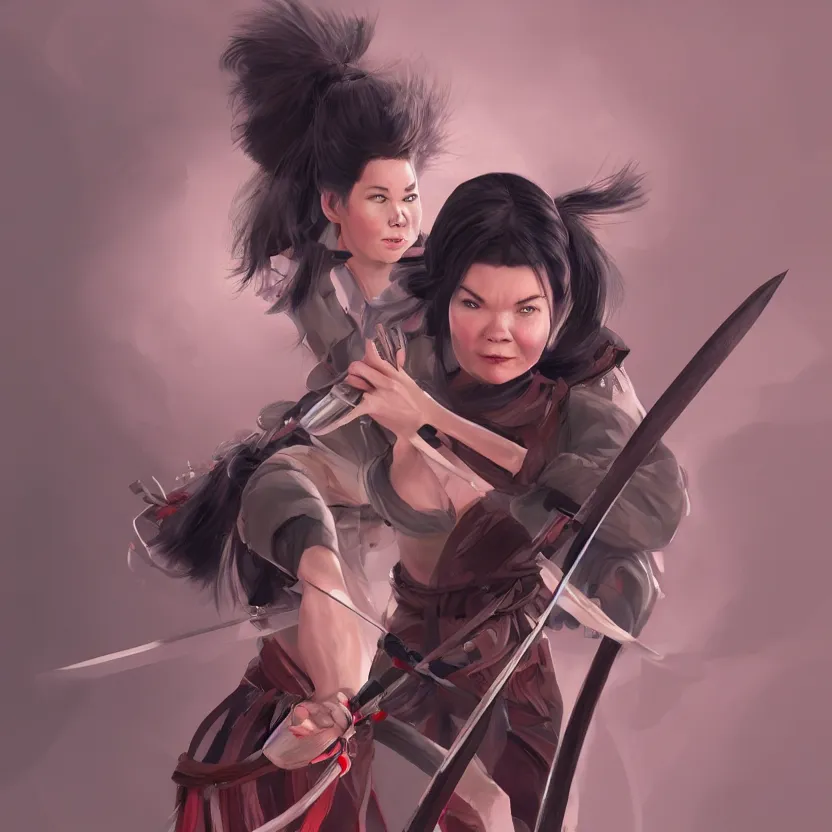 Image similar to bjork holding a katana, ponytail, highly detailed, digital painting, artstation, concept art, smooth, sharp focus, kunoichi, illustration