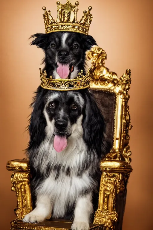 Image similar to a dog sitting on a throne with a crown on its head, professional photography