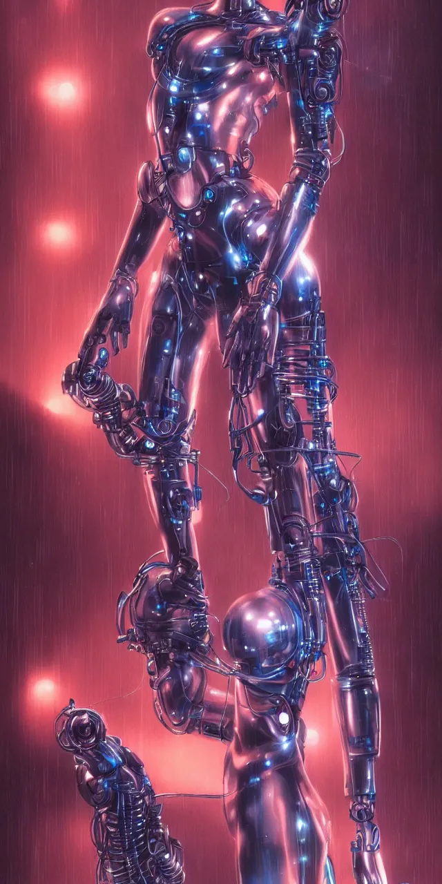 Prompt: beauty Blade Runner woman, robotic, cyberpunk, neon laser eyes, lots of cables and wiring, electrical details, trending on artstation, by Hajime Sorayama and Boris Vallejo