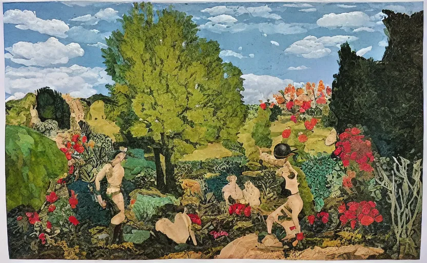 Image similar to a landscape painting,, claymation, henri berthaut, ( ( colored pen ) ), art - deco, miner kilbourne kellogg, gardens, ( collage )