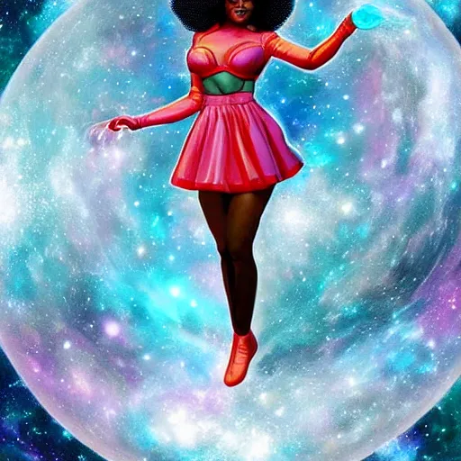 Image similar to full body shot of beautiful black female astronaut with a celestial afro pin-up style floating in deep space with planets and nebulae behind her by Artgerm, realist, trending on artstation