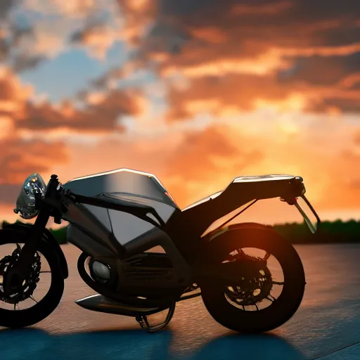 Prompt: detailed motorcycle by cloneops on artstation,styled like artwork centispeed on artstation, stunning volumetric light, sunset, metal and glass and translucent material, stunning sky, 8k