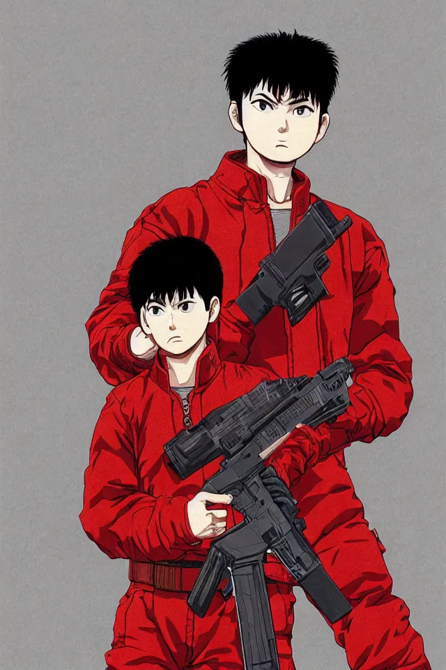 Image similar to a portrait of kaneda from akira with a glock - 1 8 gen 4, in the art style of katsuhiro otomo, realistic, highly detailed, b & w, 4 k