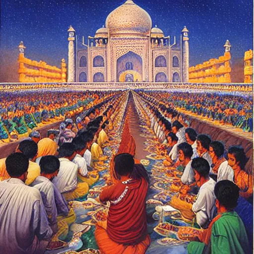 Prompt: diwali celebrations in india by rob gonsalves and kawase hasui and bob eggleton