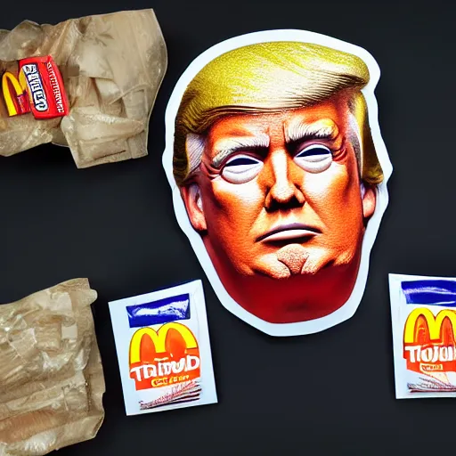 Image similar to a portrait of a donald trump constructed from mcdonalds packaging, collage, trash, layered composition, layers, texture, mcu,, highly textured, layered, sculpted, dynamic,