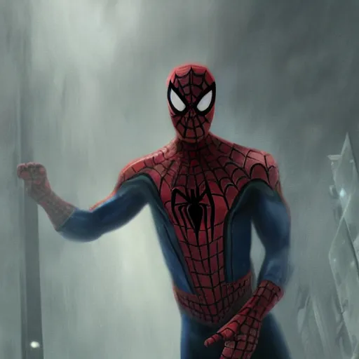 Image similar to moody atmospheric render of an spiderman wearing shorts and sandals by leon tukker