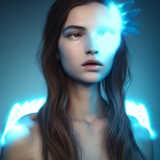 Image similar to portrait art of female angel by alessio albi 8 k ultra realistic, angel wings, lens flare, atmosphere, glow, detailed, intricate, full of colour, cinematic lighting, trending on artstation, 4 k, hyperrealistic, focused, extreme details, unreal engine 5, cinematic, masterpiece