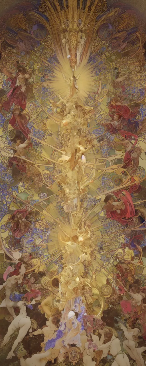 Image similar to 3 d rendered scene of the battle of angels and demons at the entrance to the fractal palace of cosmos painting of alphonse maria mucha made in unreal engine hyper realistic