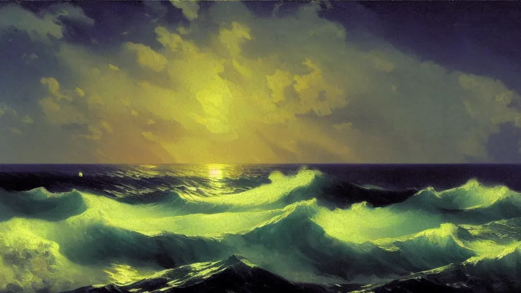 Prompt: high exposure ocean waves at night by ivan aivazovsky, by joaquin sorolla, 4 k resolution