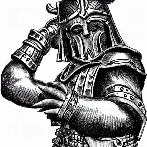 Image similar to a kislev warrior who is wearing iron gauntlets in the shape of bear claws in the style of warhammer fantasy : : head and shoulders drawing