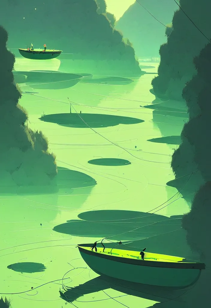 Image similar to by moebius and atey ghailan | a bright green river with clear crystal boats moving up and down it |