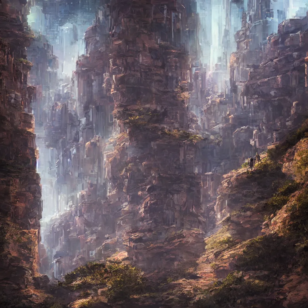 Prompt: futuristic cityscape inside a canyon, mesas, alpine tundra, nighttime, very detailed, hyperrealistic, cinematic