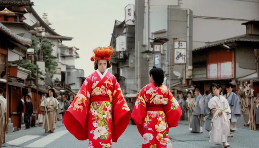 Image similar to movie still by alejandro jodorowsky of a beautiful day in kyoto japan, a girl wearing a gucci kimono is walking down the street, visible magic energy, costumes, parade floats, cinestill 8 0 0 t eastmancolor technicolor, high quality, very detailed, heavy grain, fine facial features, 8 k, octane render