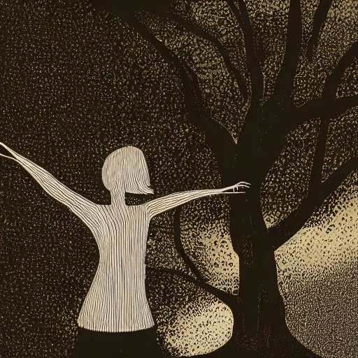 Image similar to minimal illustration of a girl dancing near an old strong tall green persian cypress tree in wind