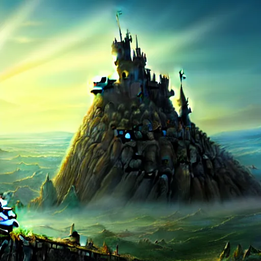 Image similar to large fantasy castle sitting on the top of a giant tortoise, towering over a harsh wasteland with sharp rays of sunlight, howls moving castle, mortal engines, kaiju, distant - mid - shot, fantasy, hyper detailed, 4 k