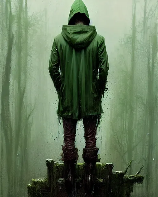 Prompt: portrait Green hooded jacket coat Hunter man elf, long-haired At the rainy town, soaked By greg rutkowski, tom bagshaw, beksinski