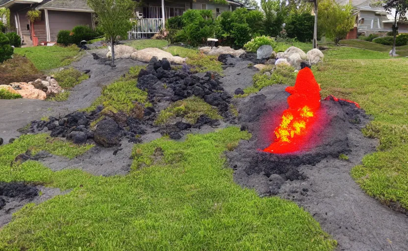 Prompt: miniature volcano erupting with streams of lava in a suburban yard, ground level