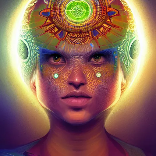 Image similar to portrait of a future metaverse Ayahuasca tech shaman warrior, 2D cartoon, visionary art, symmetric, Magick symbols, holy halo, shipibo patterns, sci-fi, concept art, trending on art station, 8k digital art, by Mandy Jurgens, fantasy art