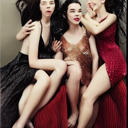 Image similar to stunning vogue magazine photo of dark - haired goddesses vanessa kirby, hailee steinfeld, and bjork smiling, legs intertwined, laying back on the bed, with wet faces!!, wet lips, smooth skin, perfect eyes, insanely detailed, elegant, by wlop, rutkowski, livia prima, mucha, wlop,