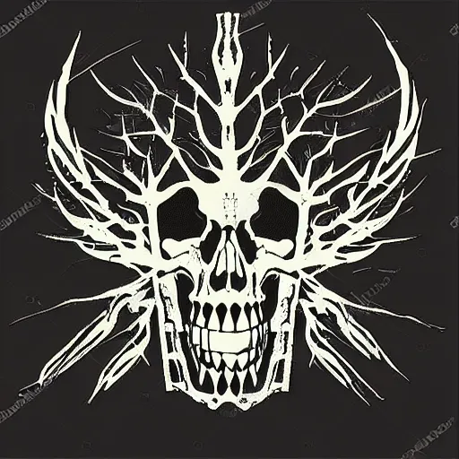 Image similar to dark death metal themed vector illustration for a record label, trees. forest, spikes, skull, microphone, skull, award winning, grunge, iconic, golden ratio