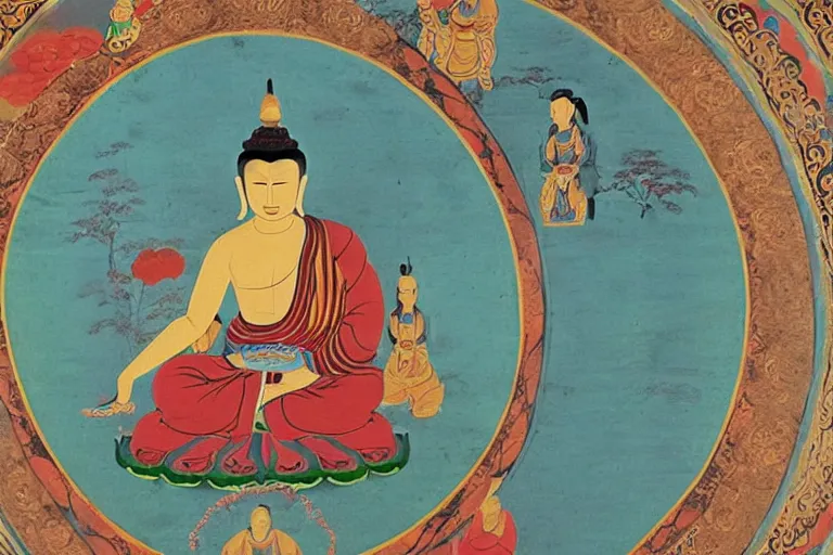 Prompt: tibetan buddhist painting of the life of buddha as a time traveler