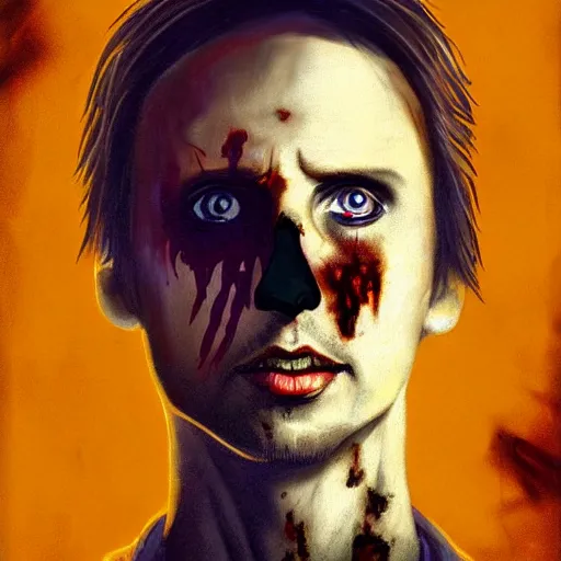 Image similar to young and handsome matt bellamy as a zombie, 7 days to die zombie, gritty background, fine art, award winning, intricate, elegant, sharp focus, cinematic lighting, digital painting, 8 k concept art, art by michael hussar, art by brom, art by guweiz and z. w. gu, 8 k