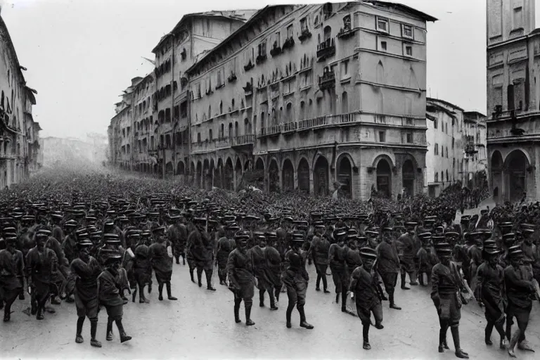 Image similar to occupying army marching through italian - style city, 1 9 0 5, black and white photography