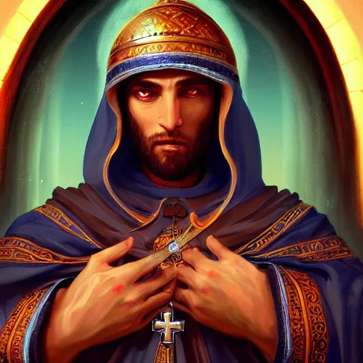 Image similar to detailed portrait of holy crusader, old roman style, non - reflective blue neon cloak, decorated with traditional holy church ornaments by rhads, makoto shinkai cyril rolando, madgwick illustrated, perfect face, fine details, realistic shaded, fine - face, pretty face