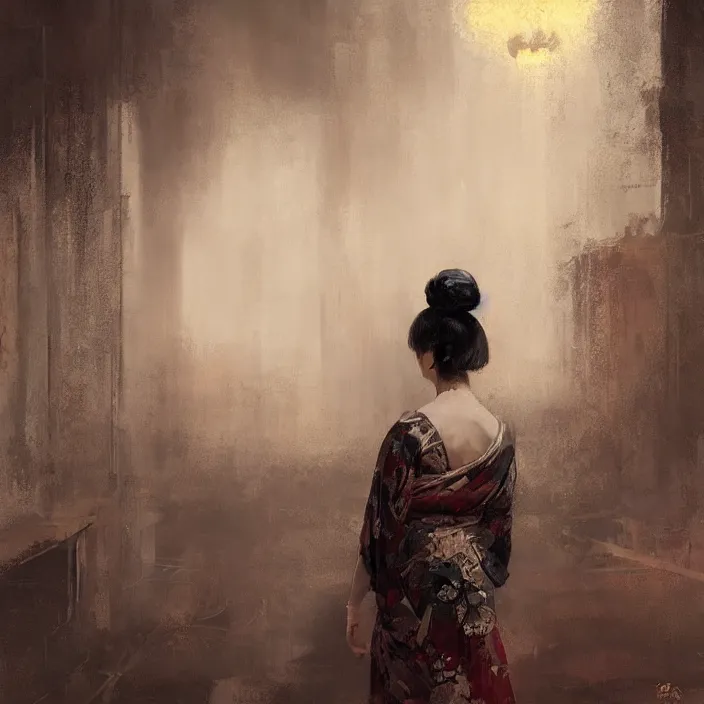 Image similar to female geisha girl, beautiful face, rule of thirds, intricate outfit, spotlight, by greg rutkowski, by jeremy mann, digital painting