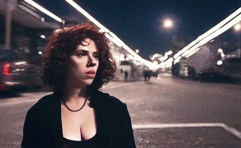 Image similar to “ movie screen shot of under the skin, charismatic scarlett johansson is looking down a street at night, suspense, cinematic, epic, dramatic ”