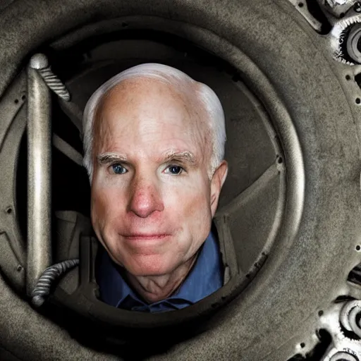 Image similar to cinematic shot of john mccain wearing futuristic armor in a sewer, very detailed, very intricate,