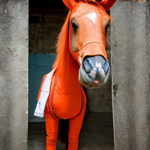 Image similar to horse with orange inmate clothes, in a jail