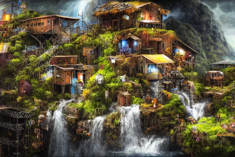 Prompt: mission waterfall favela honeybee hive, subconscious environment, industrial factory, award winning art, epic dreamlike fantasy landscape, ultra realistic,