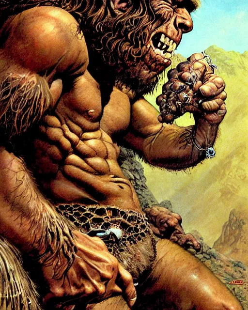 Image similar to neanderthal read science book about him, heavey metal magazine cover, character portrait, portrait, close up, concept art, intricate details, highly detailed, in the style of frank frazetta, esteban maroto, richard corben, pepe moreno, matt howarth, stefano tamburini, tanino liberatore, luis royo and alex ebel