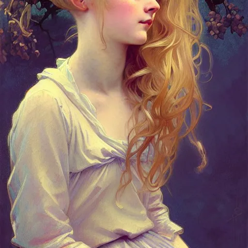 Image similar to Portrait of a young girl on a wooden swing, long blonde hair and sparkling blue eyes, face, vintage, retro, detailed, intricate, digital painting, artstation, concept art, smooth, sharp focus, illustration, art by Krenz Cushart and Artem Demura and alphonse mucha